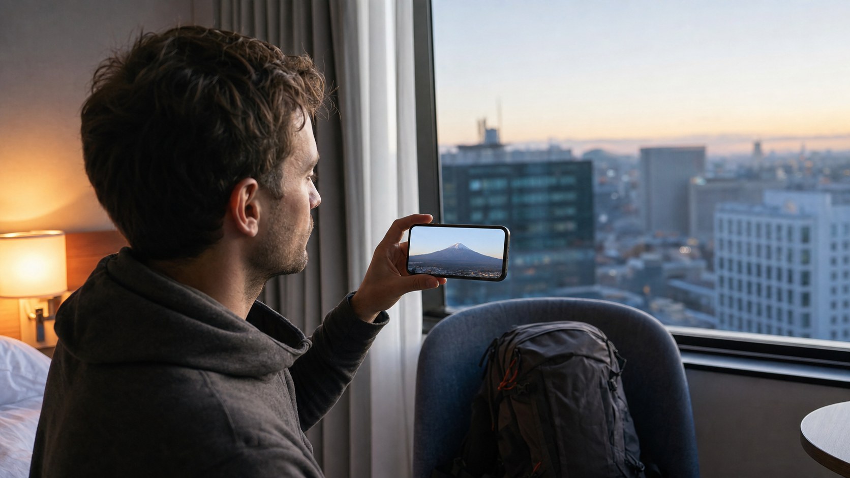 Traveler checking a live Mount Fuji view before leaving Tokyo