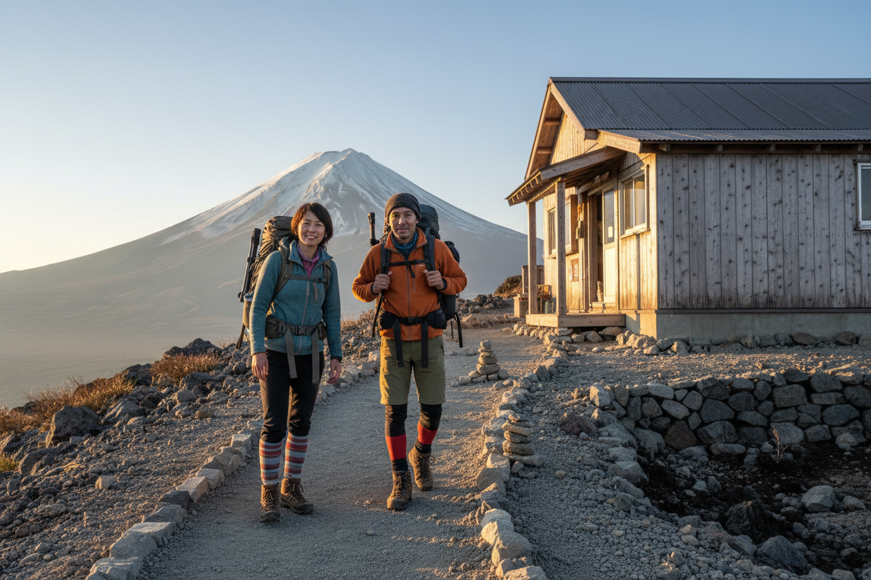 Properly equipped hikers arriving at a mountain hut with Mount Fuji in view