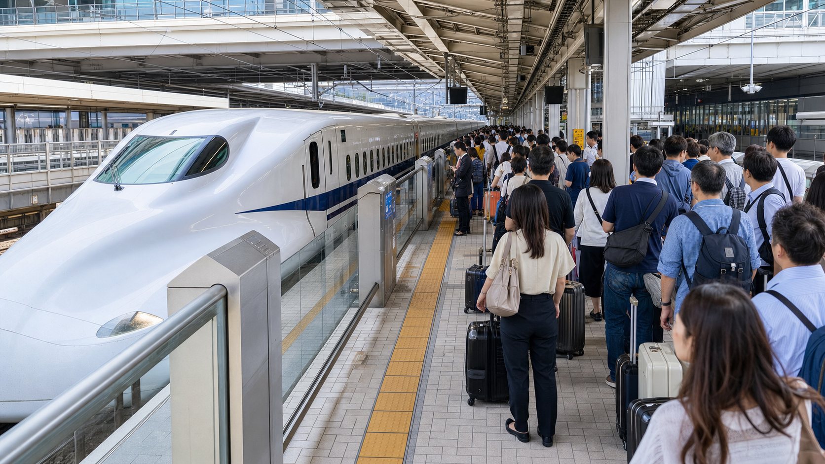 Crowded Shinkansen platform during a major peak travel period in Japan