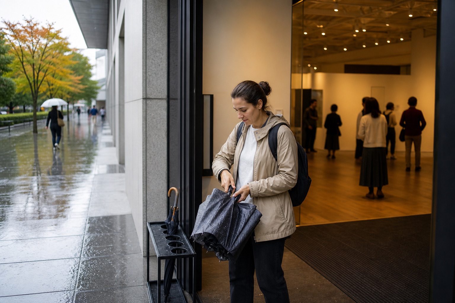 Traveler closing a wet umbrella before entering a Tokyo museum on a rainy day