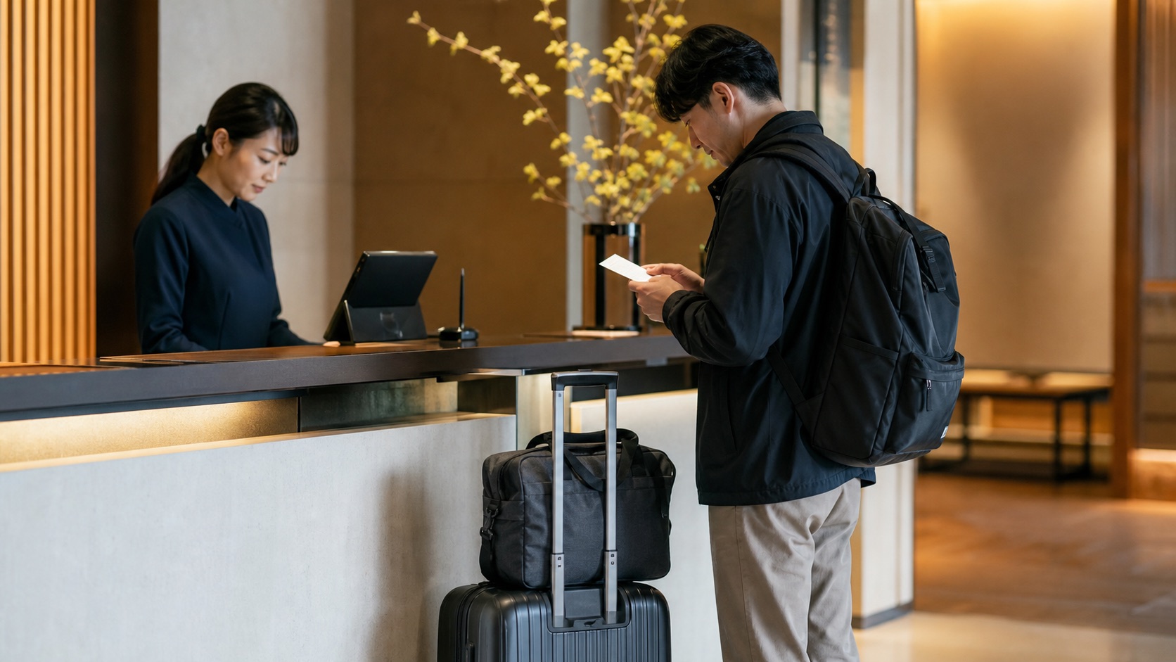 Traveler keeping a receipt and day bag after sending luggage from a hotel