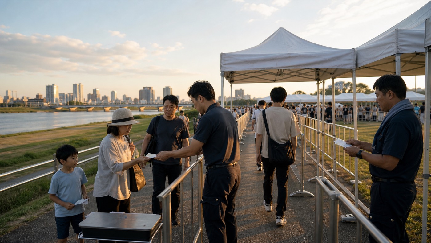 Visitors arriving early at the Koto Fireworks ticket checkpoint