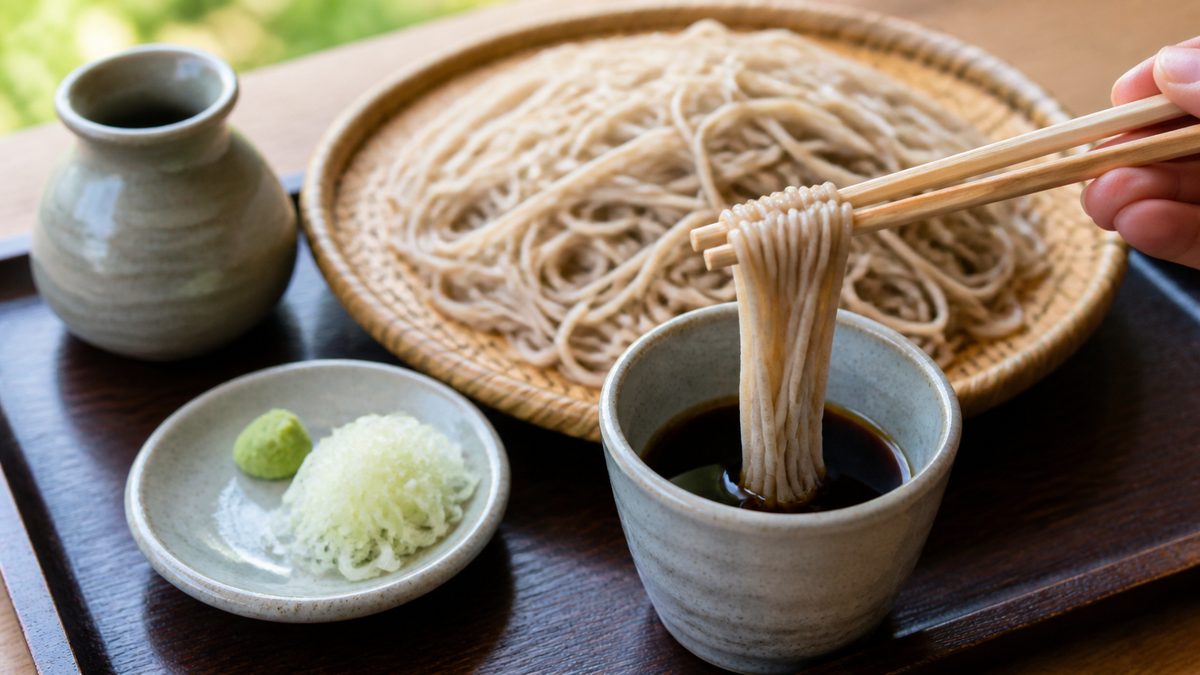 Chopsticks dipping chilled soba noodles into tsuyu sauce