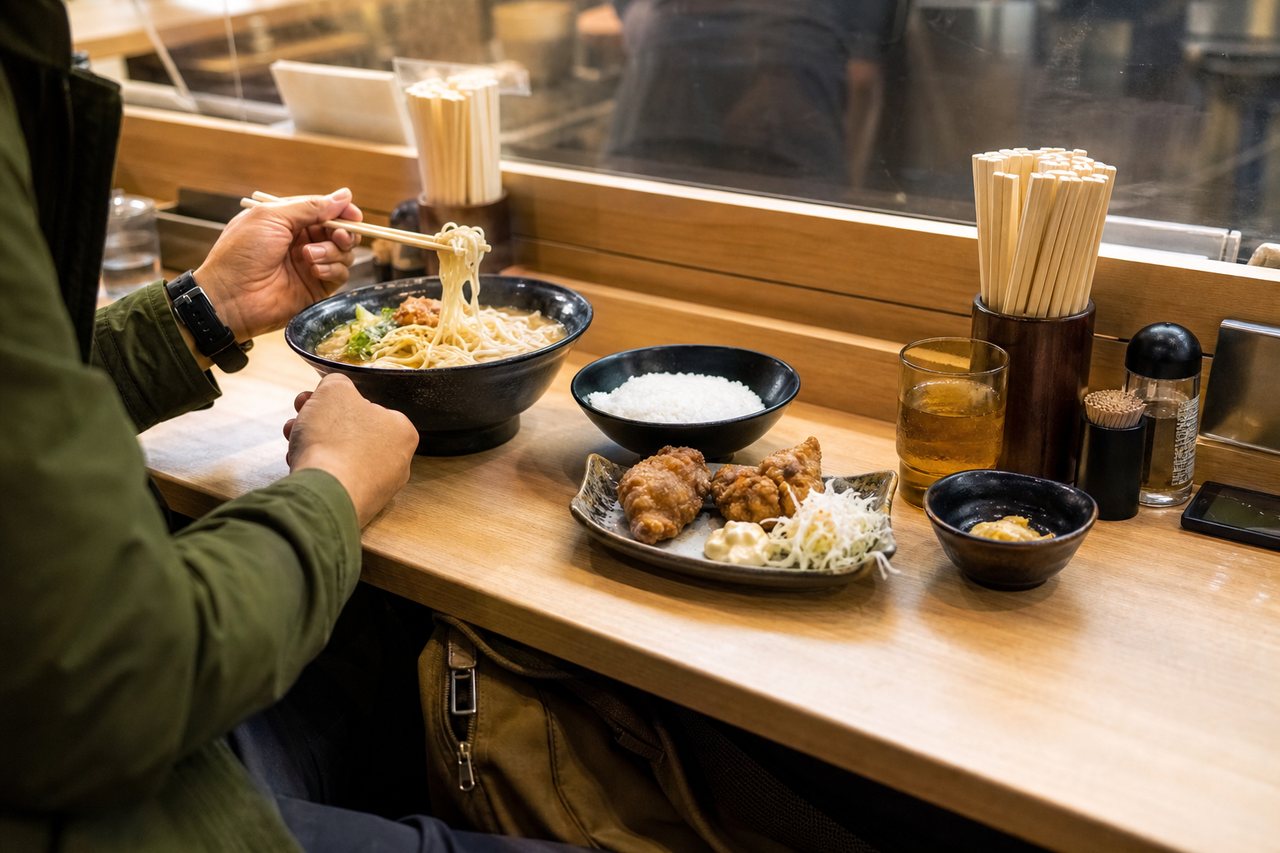 Quick Japanese counter meal suitable for travelers who need to eat without a long dinner.