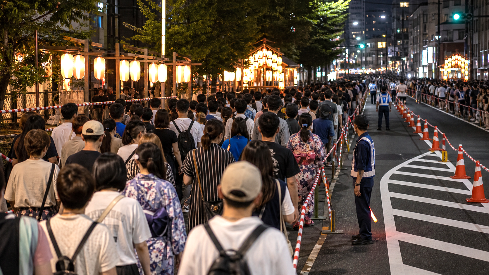Photo-real AI image of visitors moving with an orderly festival crowd flow.