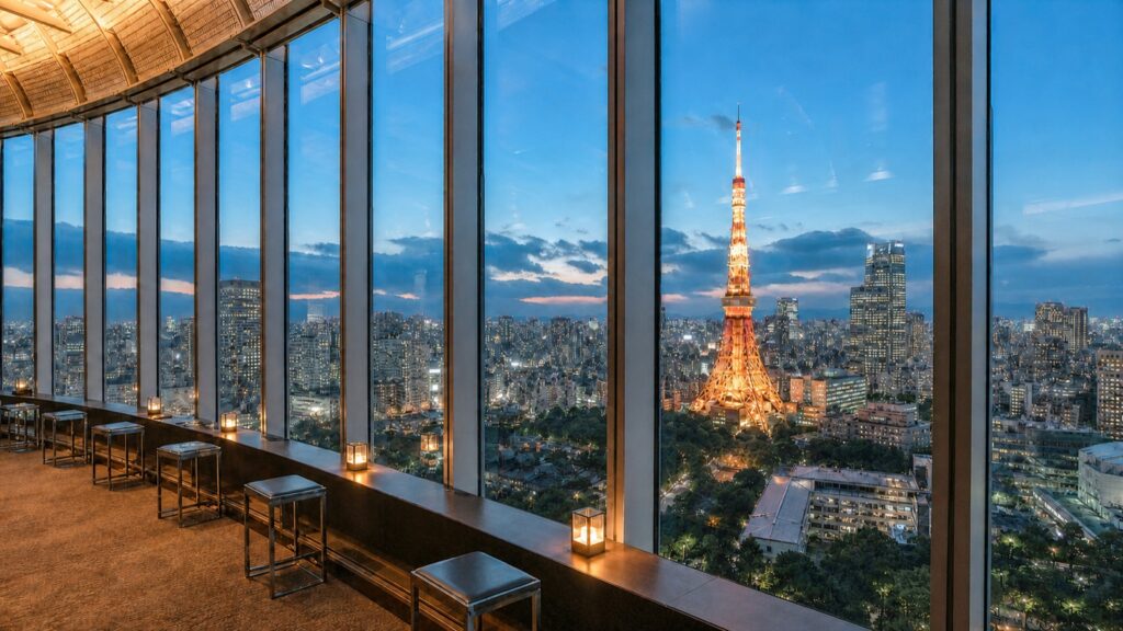 Tokyo Tower night view from an indoor Roppongi observation deck