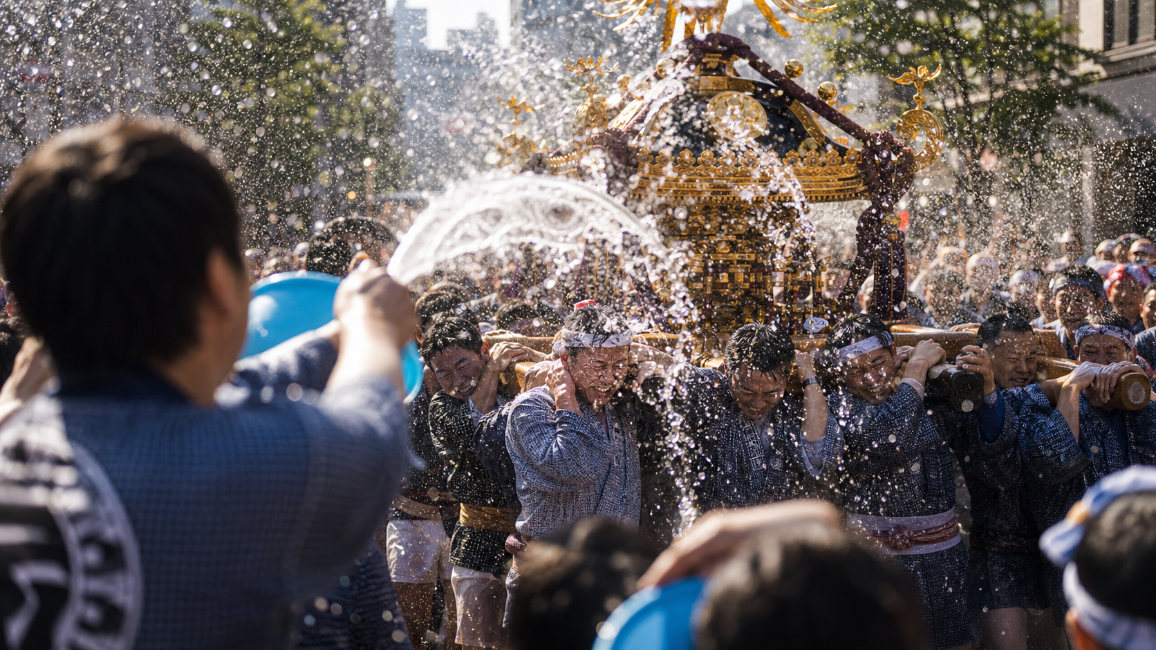Water splashing over mikoshi carriers during a Tokyo festival.