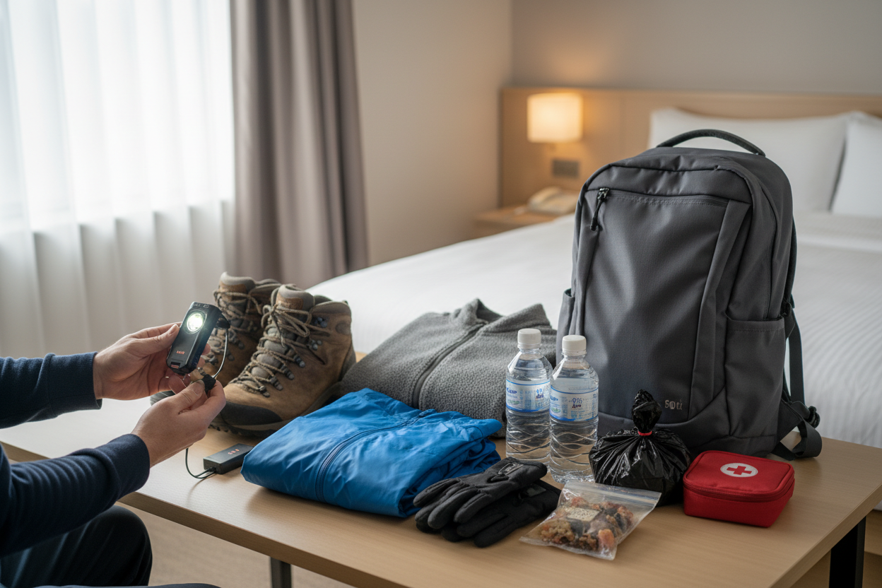 Mount Fuji hiking boots, rainwear, warm clothing and headlamp ready for inspection