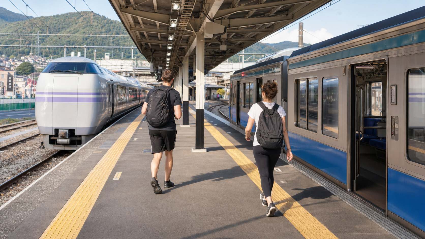 Travelers changing trains safely at Otsuki Station