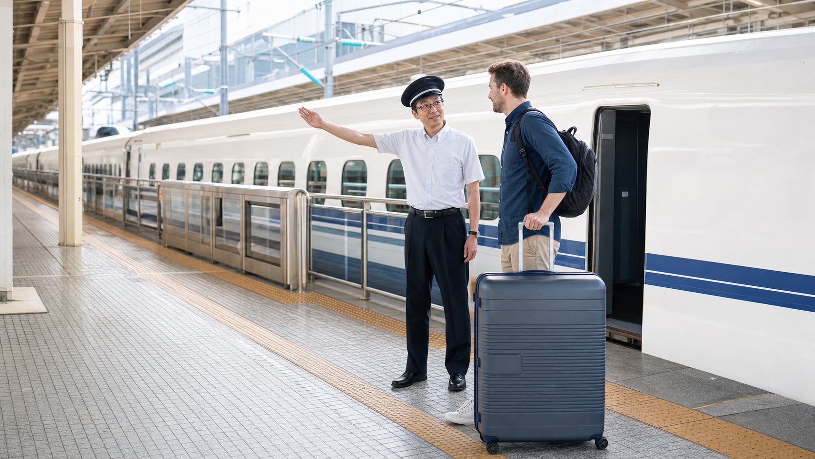Traveler with a large suitcase asking staff about an oversized baggage seat