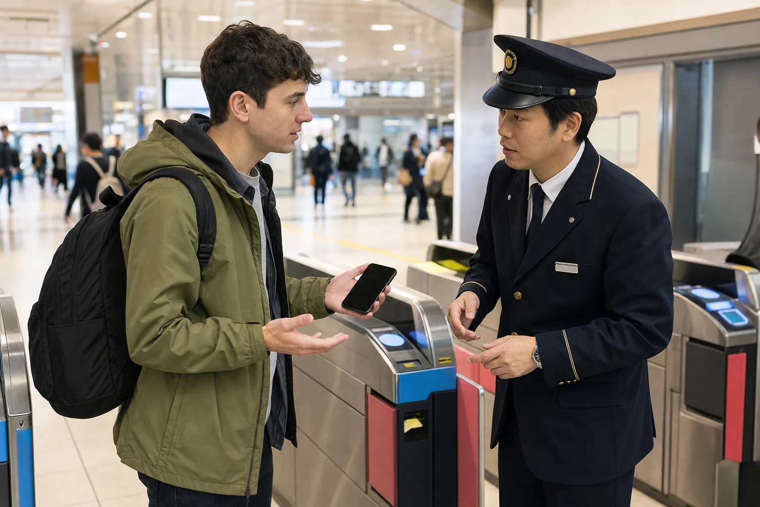 Traveler asking Japanese station staff for help at a staffed ticket gate with a dead phone.