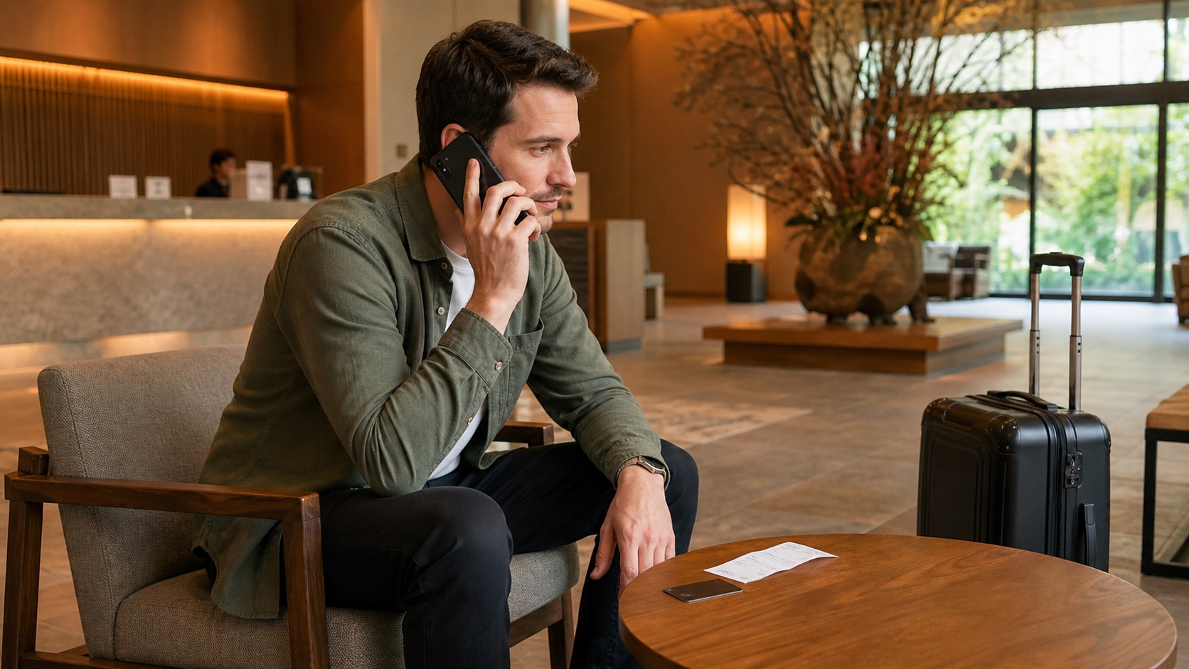 Traveler calling a card issuer from a hotel lobby after an ATM decline