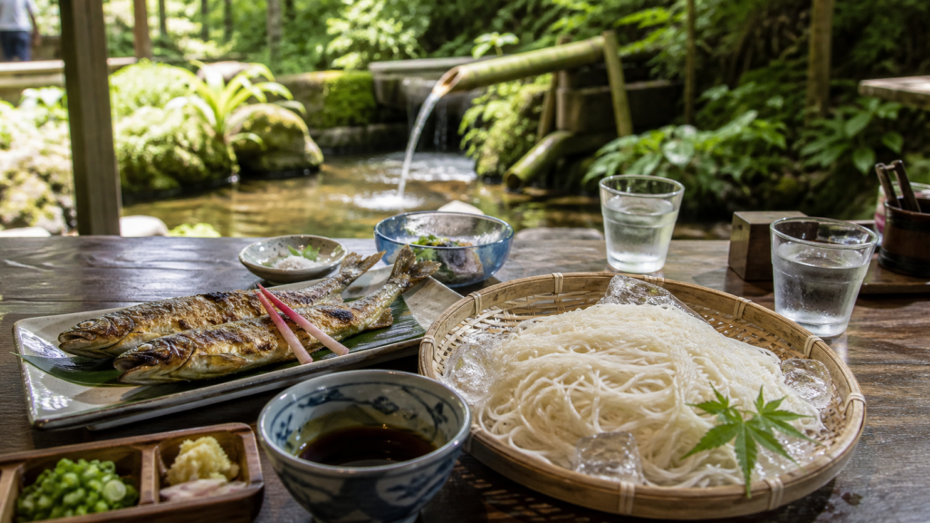 Countryside river-fish meal with cold somen and clear water