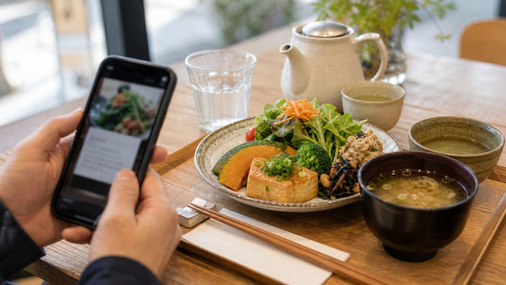 Photo-real AI image of a Japanese meal table used to check vegetarian, vegan, halal, and allergy restrictions.