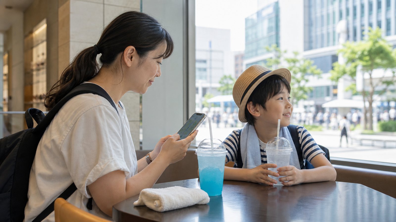 Parent and child resting indoors with drinks during Japanese summer travel