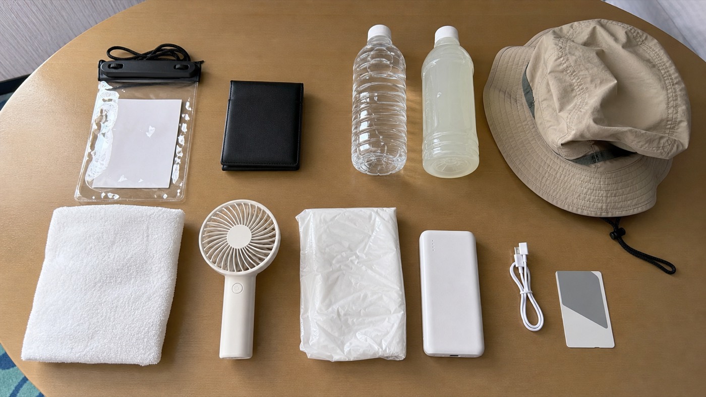 Summer fireworks packing kit with water, hat, poncho, and power bank