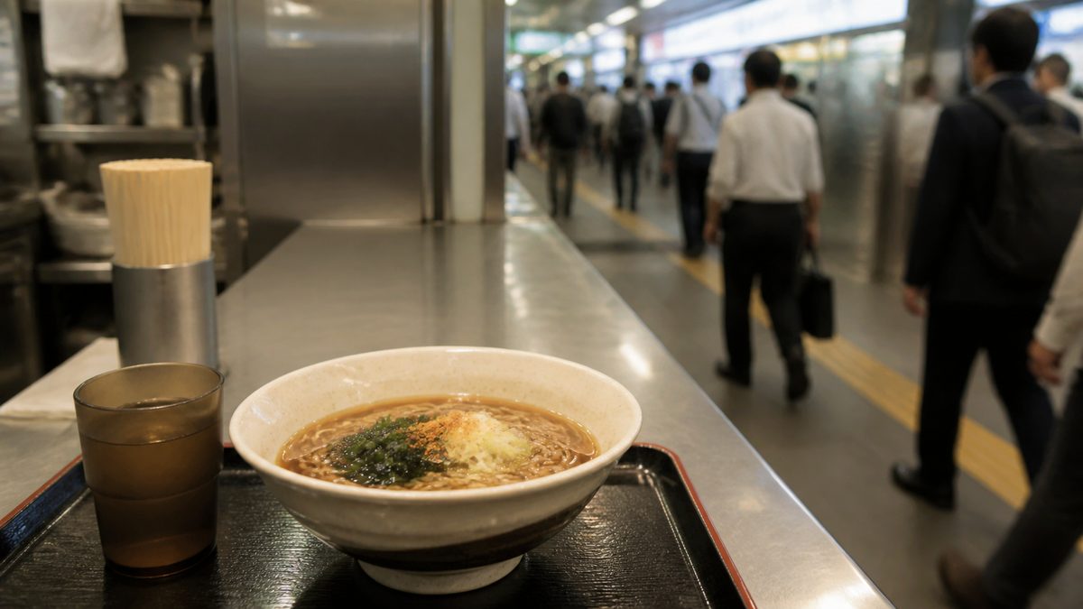 Quick hot soba bowl at a station-area counter restaurant