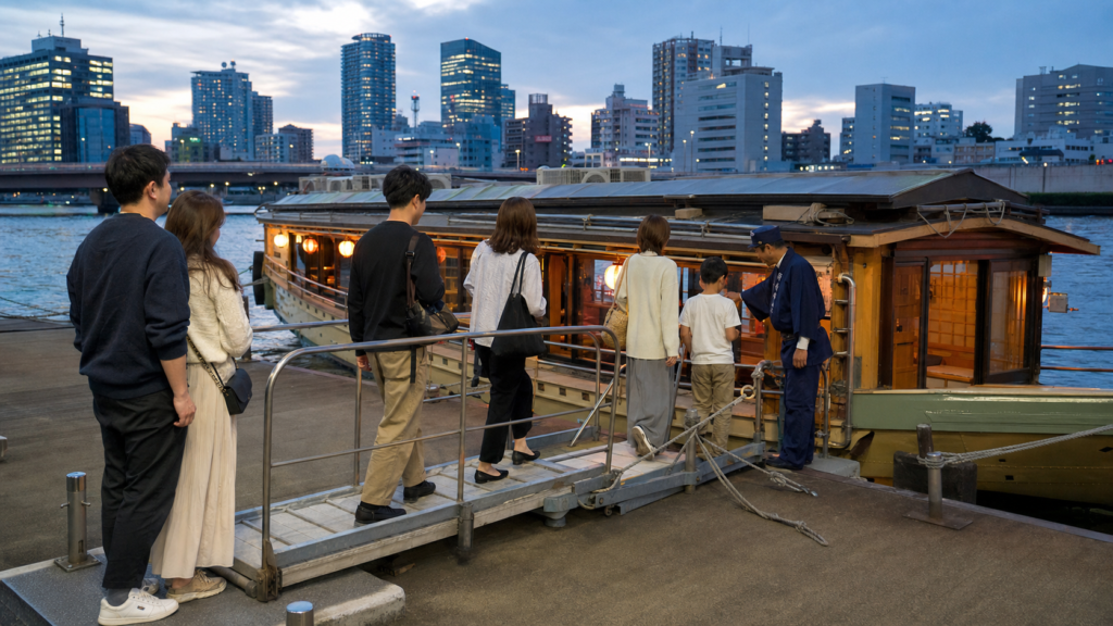 Guests boarding a shared yakatabune cruise at a Tokyo pier