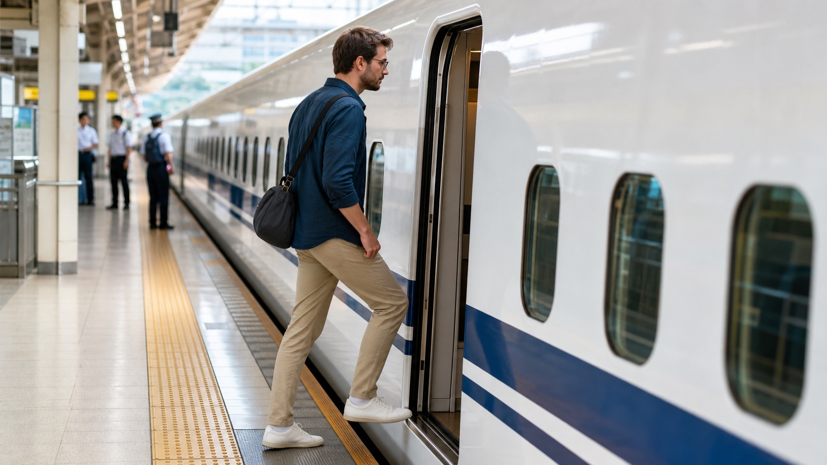Traveler boarding a Shinkansen with a small day bag after sending luggage