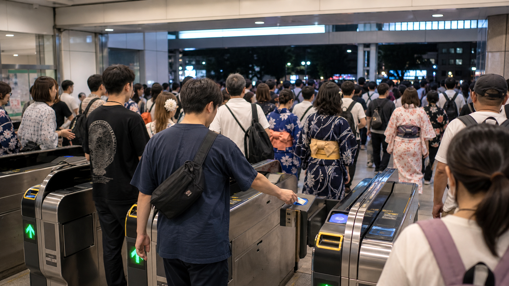 Photo-real AI image of travelers using an IC card near a station gate after a festival.