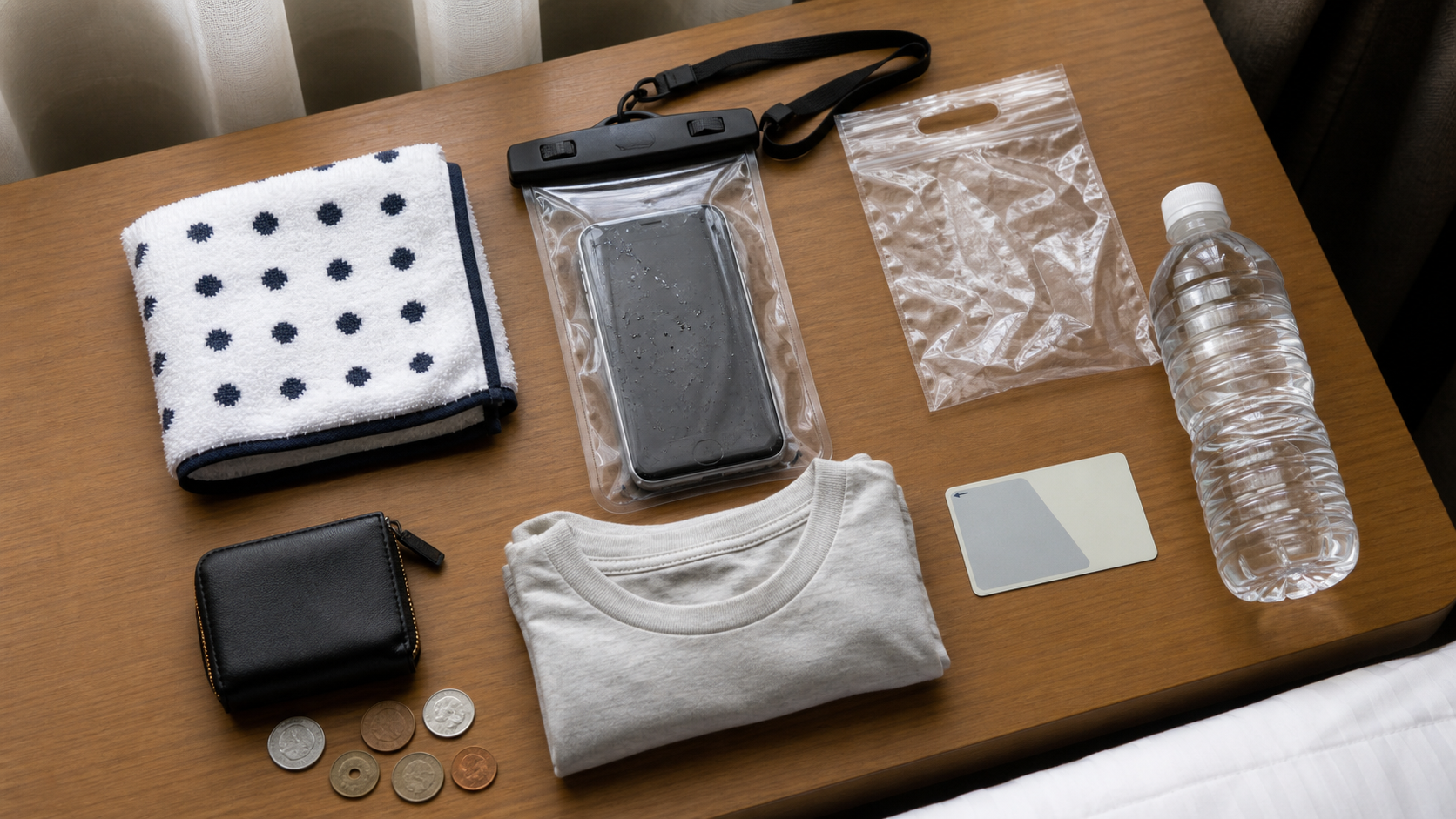 Towel, waterproof pouch, coins, and water bottle for a wet festival day.