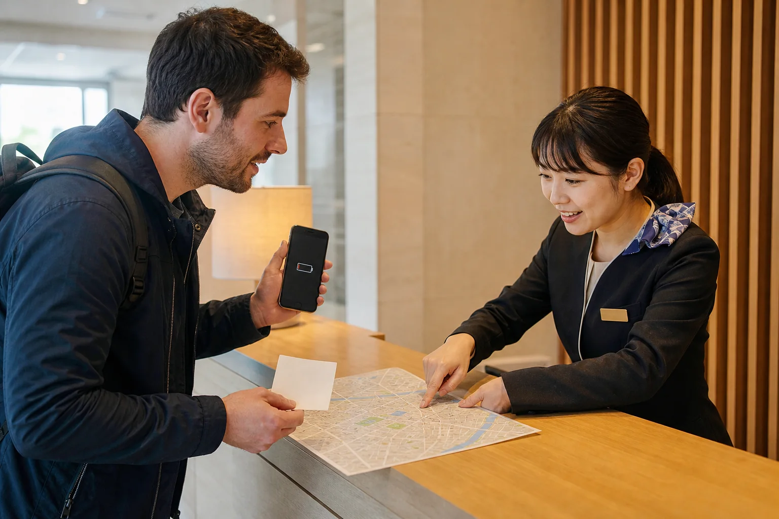Hotel staff helping a traveler with a paper map and phone recovery plan in Japan.