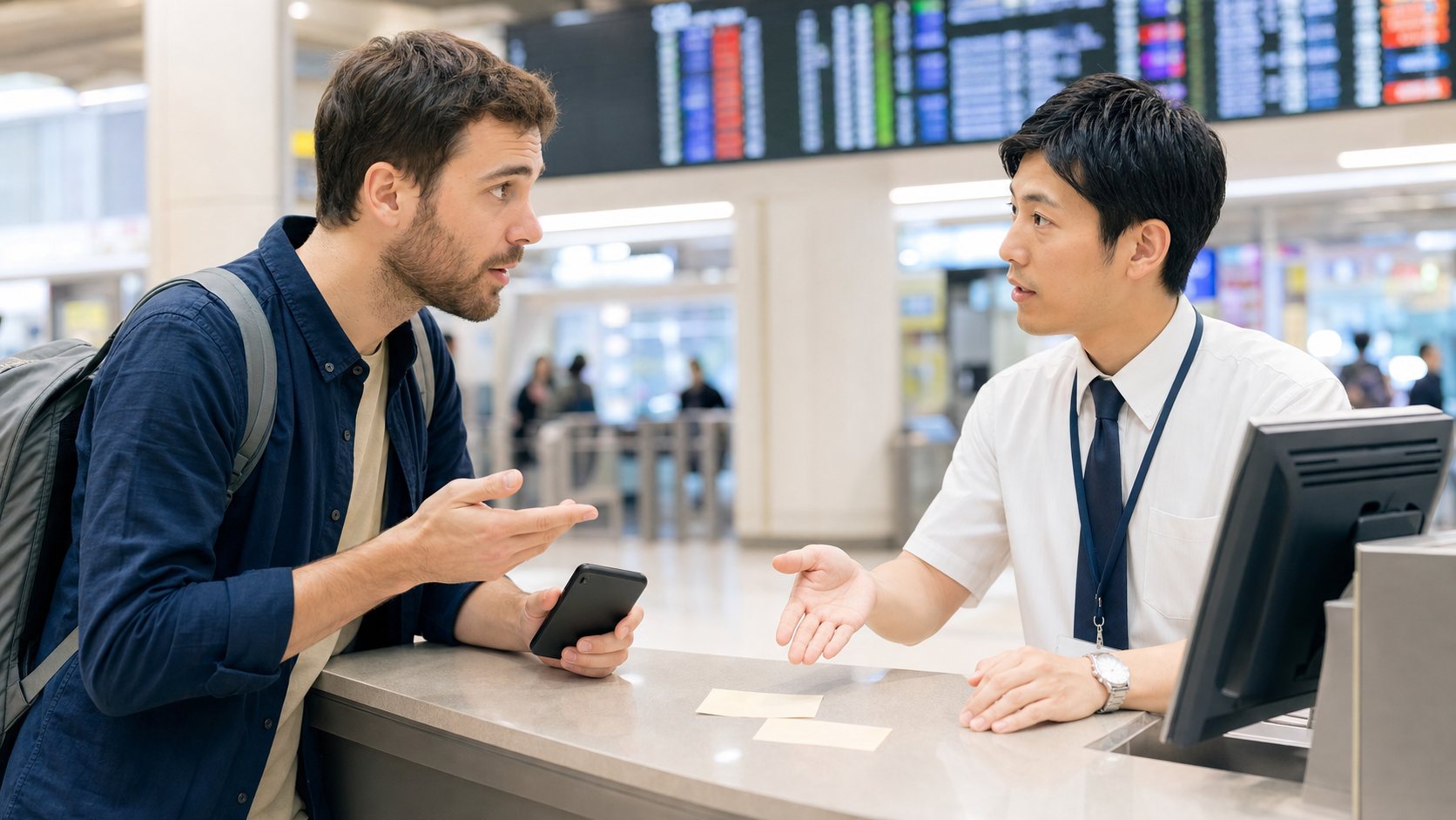 Traveler asking railway staff for help after a JR delay caused a missed connection