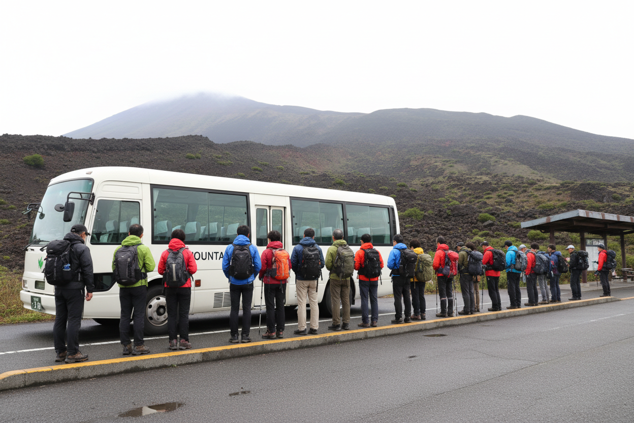 Hikers waiting safely for a mountain shuttle near a Mount Fuji trailhead