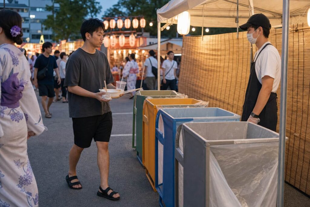 Visitor carries food packaging toward a staffed waste-sorting area
