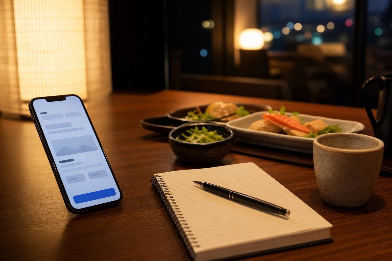 Phone and notebook on a table for planning tomorrow's restaurant reservation.