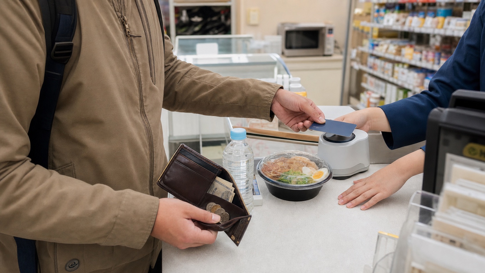 Traveler paying by card at a Japanese convenience-store counter while preserving cash