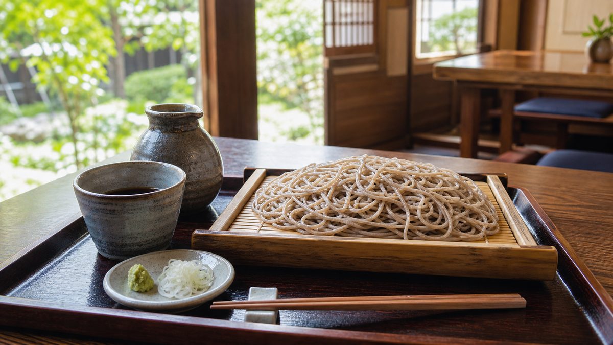 Seiro soba tray in a bright traditional Tokyo soba restaurant interior