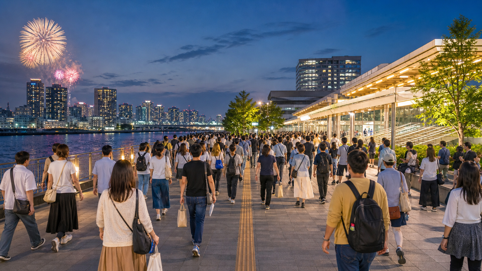 Post-fireworks exit crowd along a bright waterfront route