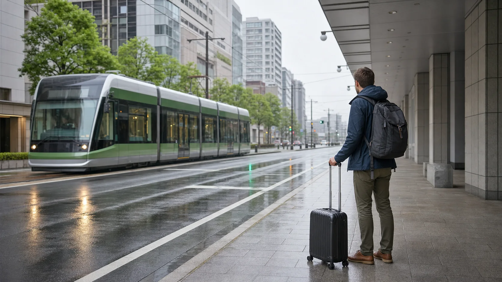 Traveler with luggage beside a Hiroshima streetcar on a rainy day