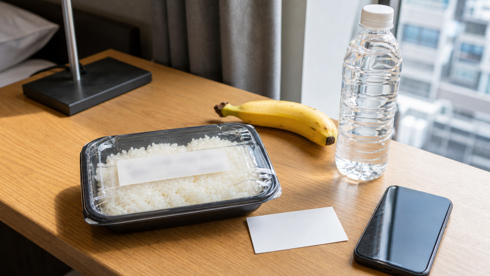 Photo-real AI image of labeled packaged food, fruit, water, and an allergy card prepared as a backup meal.