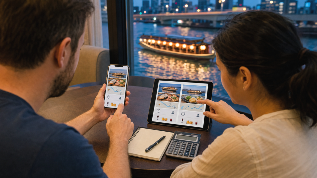 Travelers comparing yakatabune cruise plans before booking