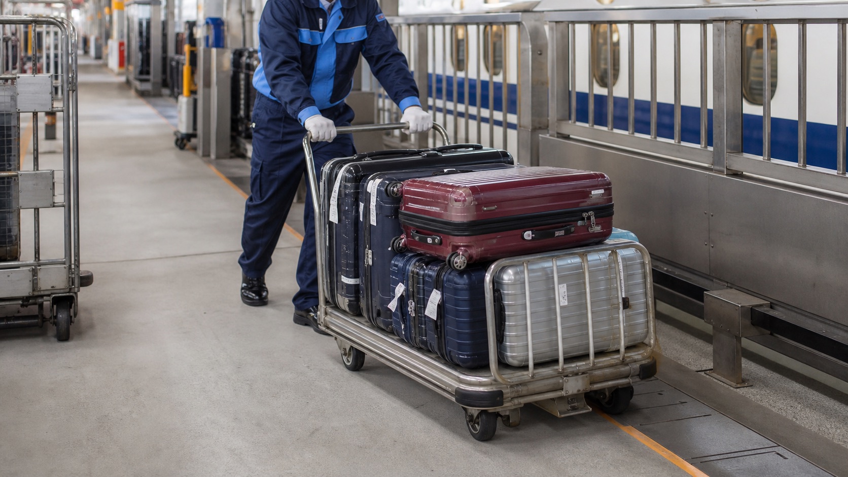 Japanese station luggage worker moving suitcases on a trolley