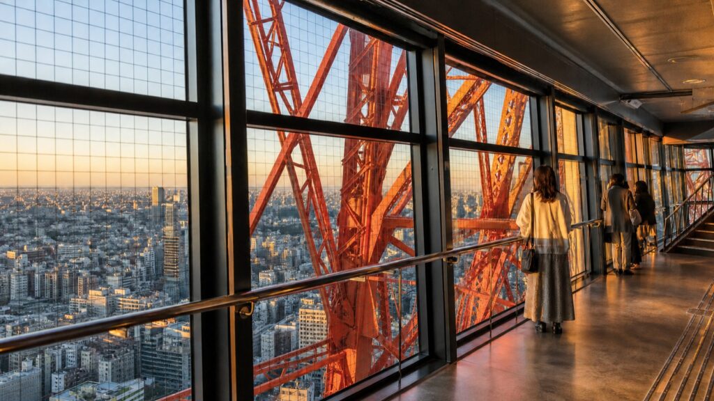 View through the red structure of Tokyo Tower's observation deck
