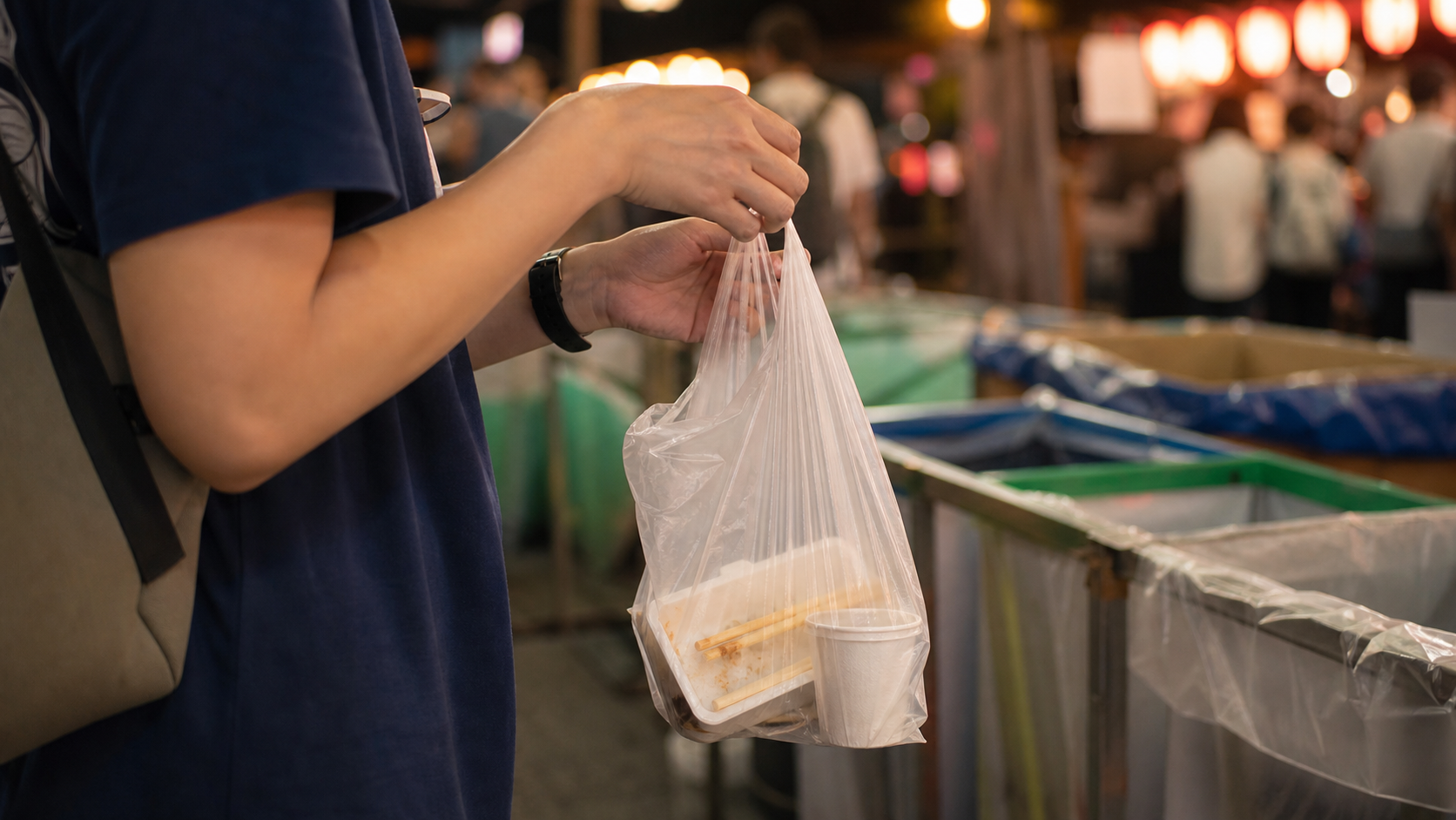 Photo-real AI image of a visitor handling festival trash carefully near sorting bins.