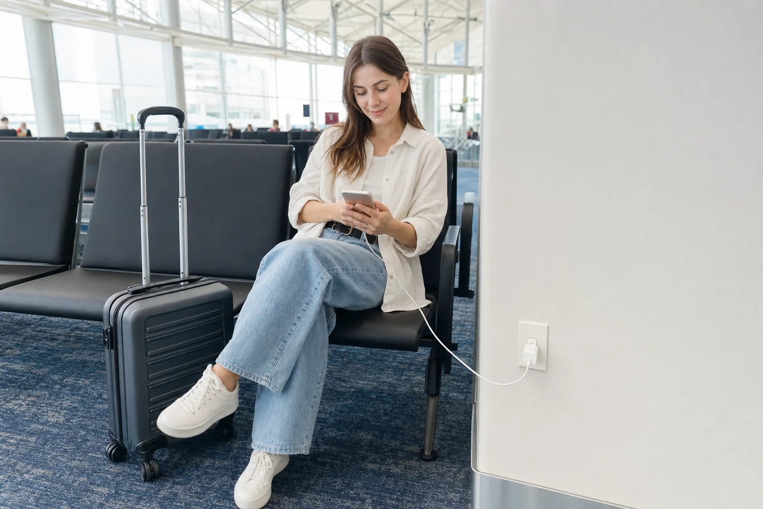 Traveler charging a phone at a permitted passenger charging area in a Japanese airport.