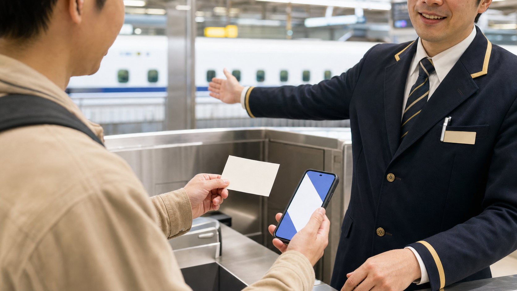 Traveler showing a Shinkansen ticket and reservation screen at a staffed gate