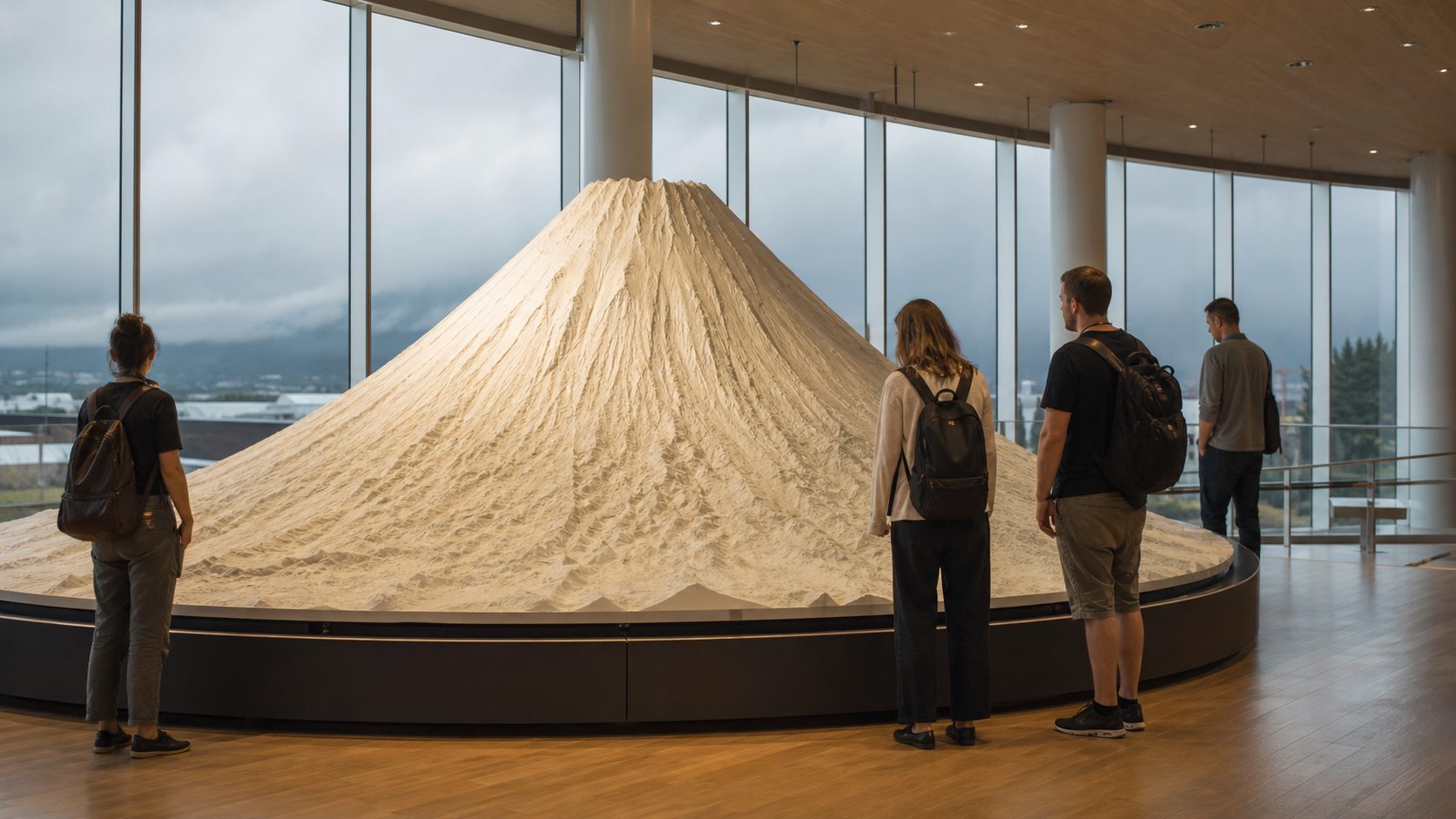 Visitors exploring an indoor Mount Fuji heritage exhibit on a cloudy day