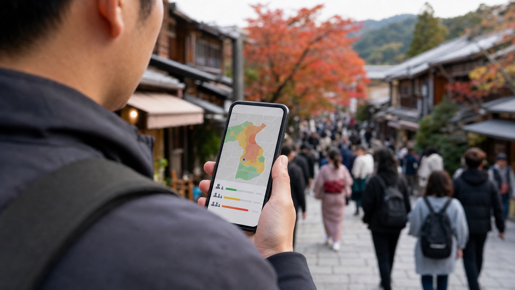Traveler checking a Kyoto crowd forecast on a smartphone