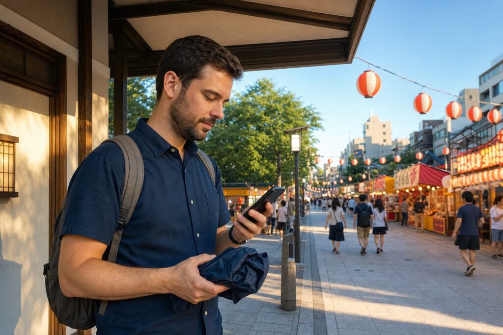 Traveler checks event updates on a phone before entering