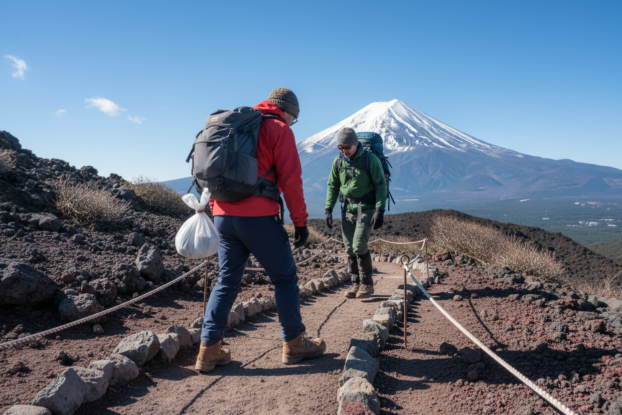 Hiker carrying rubbish out while yielding on a designated volcanic trail