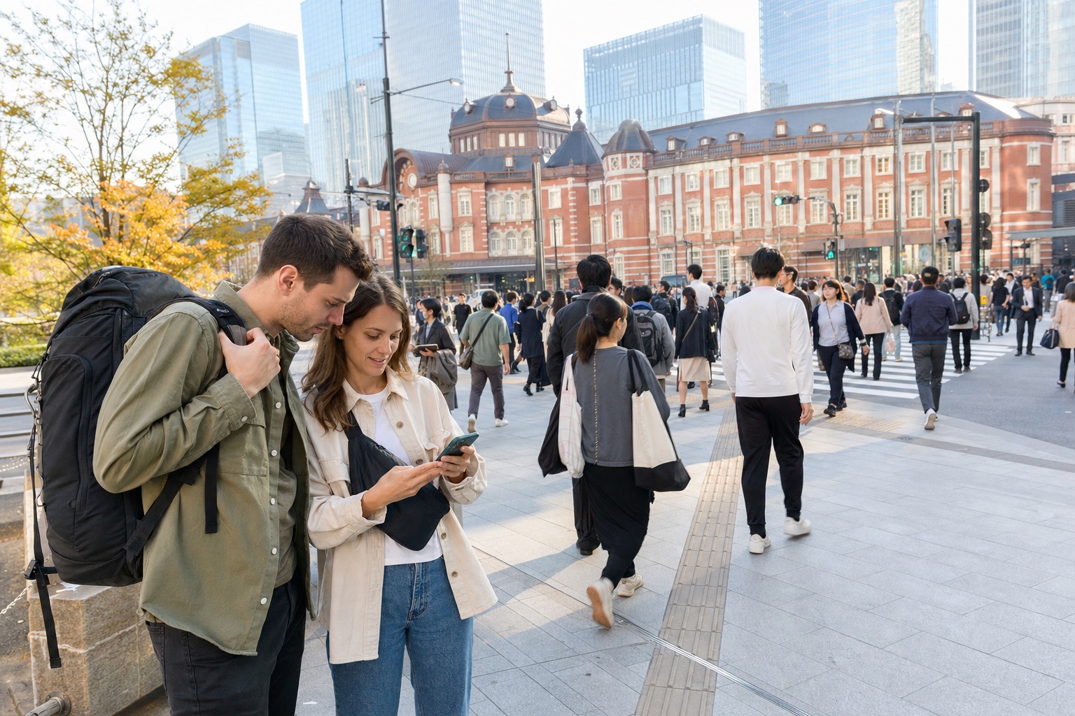 Travelers checking a phone map beside a busy but orderly plaza outside Tokyo Station