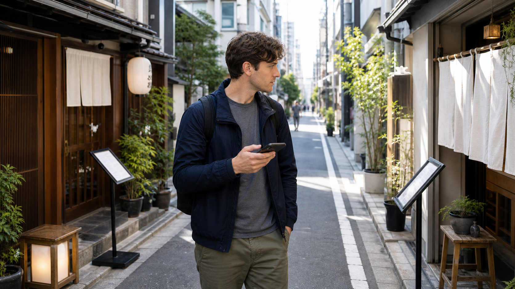 Photo-real AI image of travelers checking a phone outside a Japanese restaurant and choosing a safer backup option.