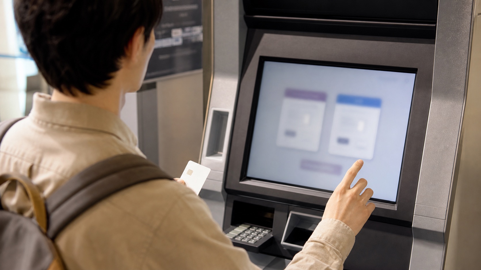 Traveler reviewing a currency-choice screen at a Japanese ATM