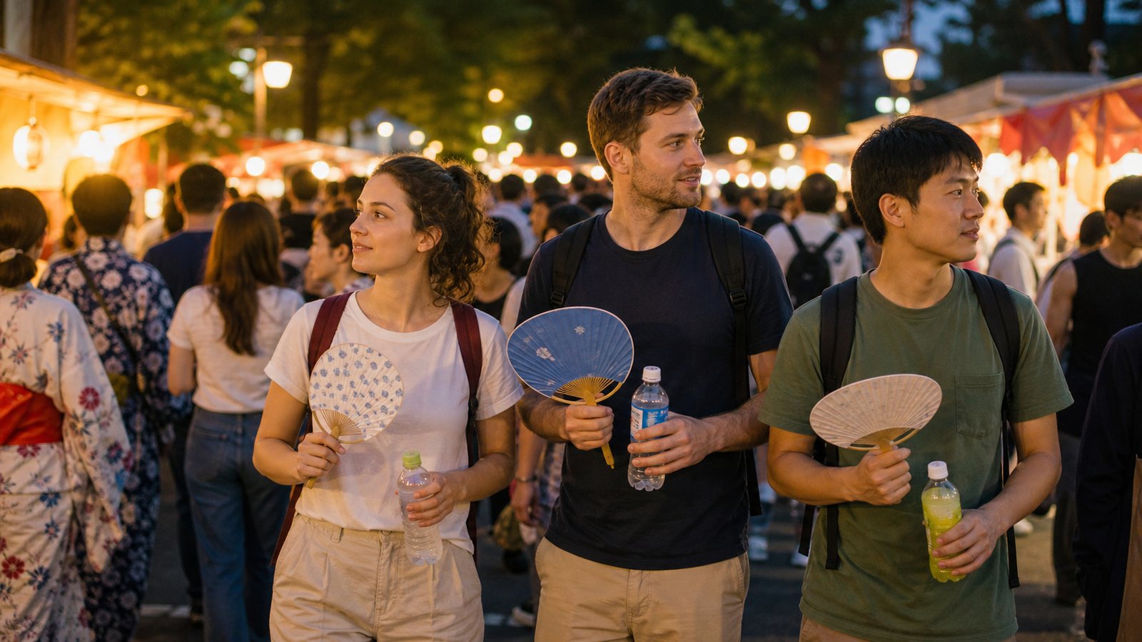 Tourists at an evening summer festival carrying drinks and handheld fans