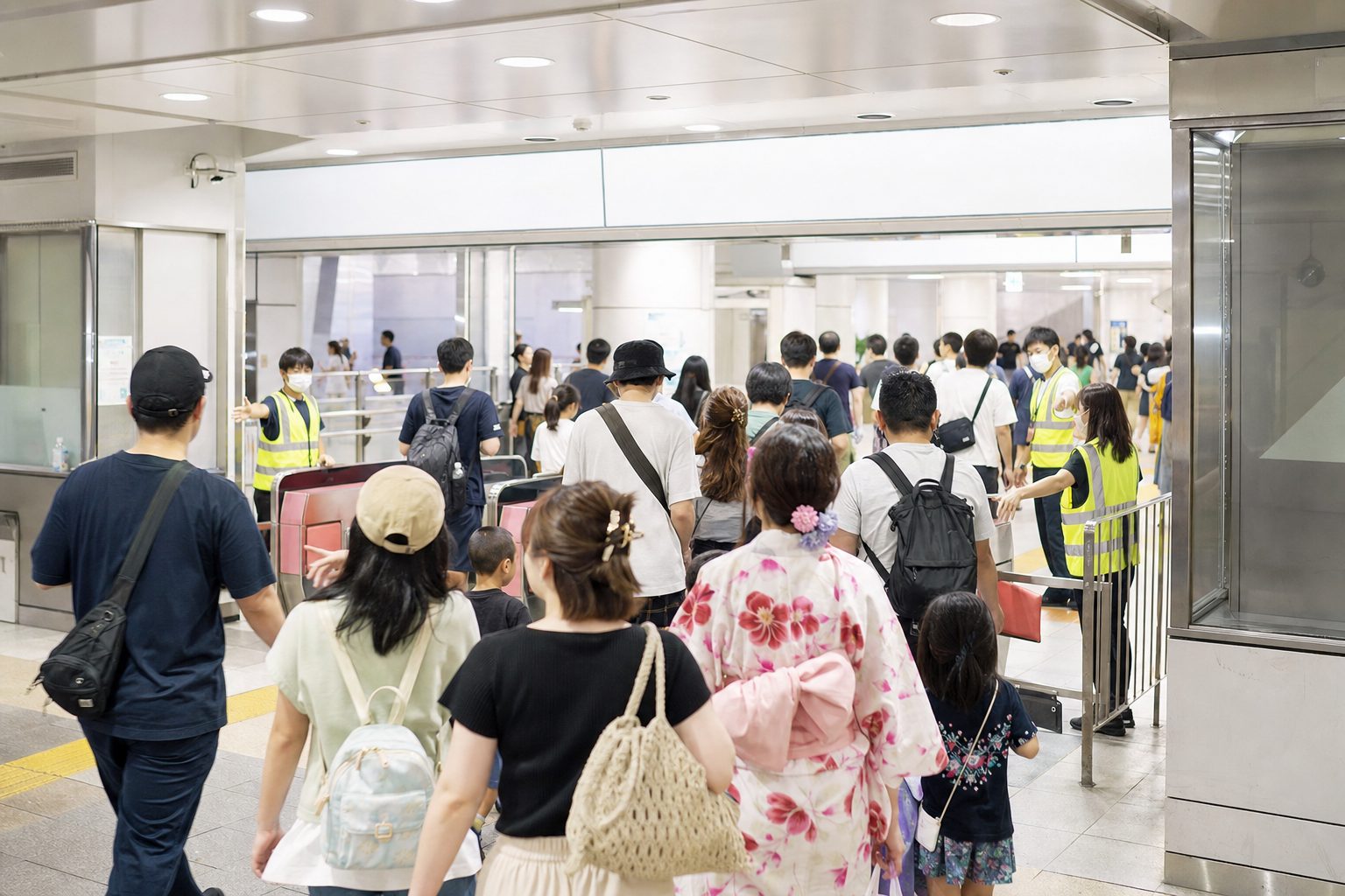 Organized station exit after a crowded fireworks event